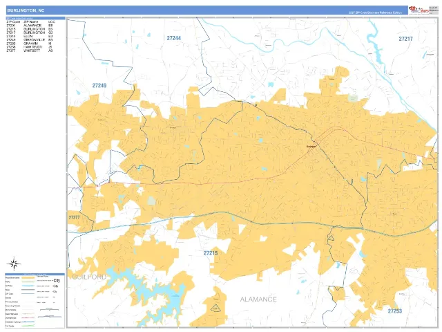 Burlington, NC ZIP Code Wall Map, Business Reference style