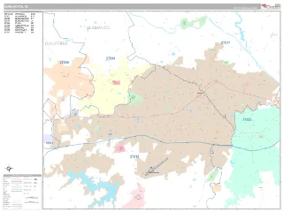 Burlington, NC Classic style ZIP Code wall map