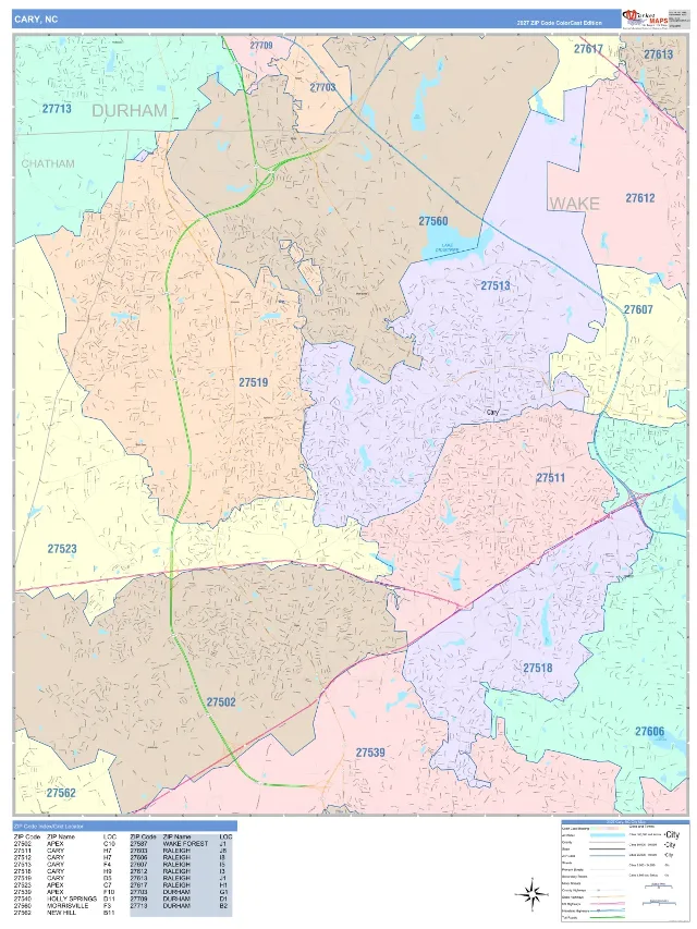 Cary, NC ZIP Code Wall Map, ColorCast style
