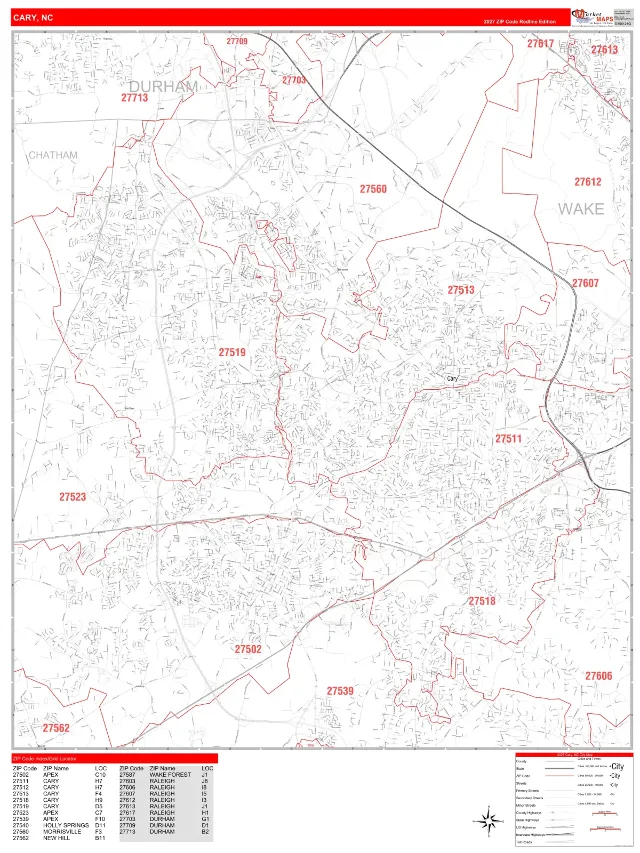 Cary, NC ZIP Code Wall Map, RedLine style