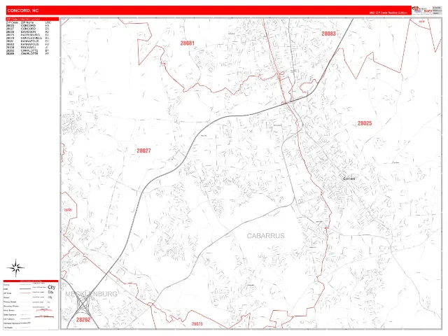 Concord, NC ZIP Code Wall Map, RedLine style