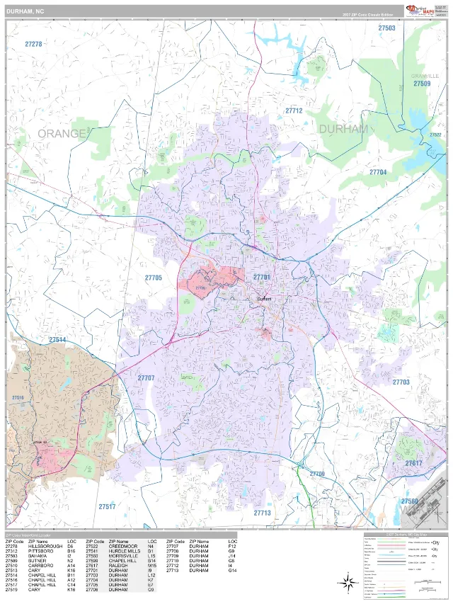 Durham, NC ZIP Code Wall Map, Classic style