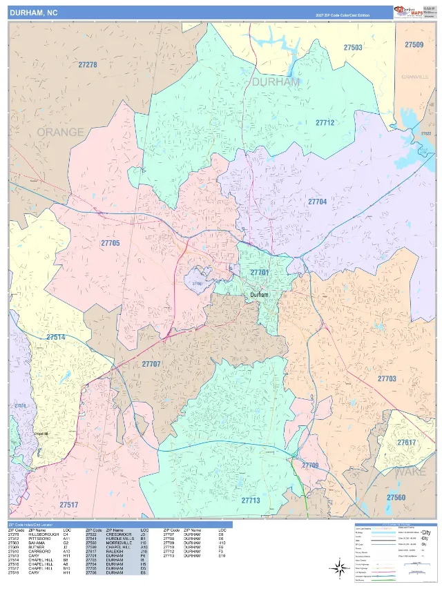 Durham, NC ZIP Code Wall Map, ColorCast style