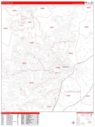Fayetteville, NC RedLine style ZIP Code wall map