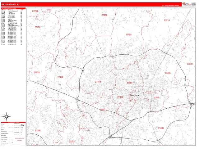 Greensboro, NC ZIP Code Wall Map, RedLine style