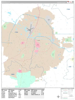 Greenville, NC Classic style ZIP Code wall map