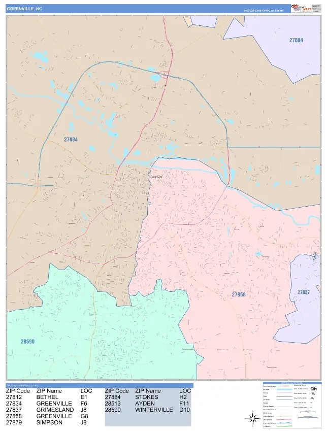 Greenville, NC ZIP Code Wall Map, ColorCast style