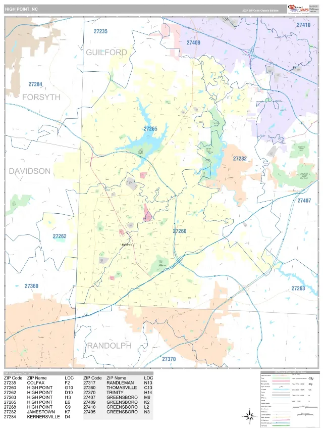 High Point, NC ZIP Code Wall Map, Classic style