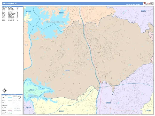 Huntersville, NC ZIP Code Wall Map, ColorCast style