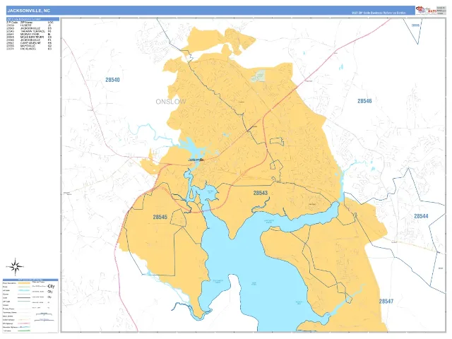 Jacksonville, NC ZIP Code Wall Map, Business Reference style