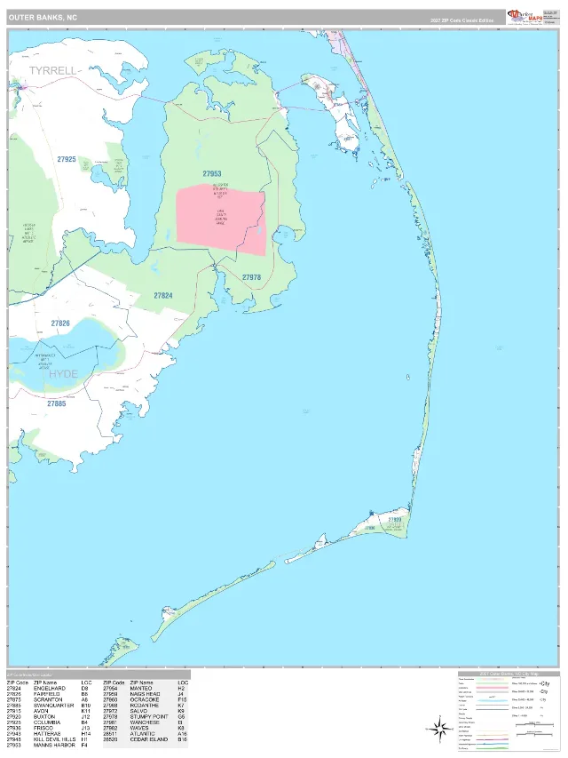 Outer Banks, NC ZIP Code Wall Map, Classic style