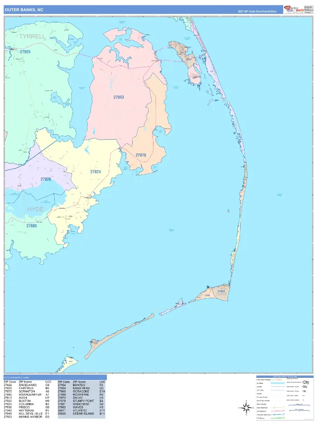Outer Banks, NC ZIP Code Wall Map, ColorCast style
