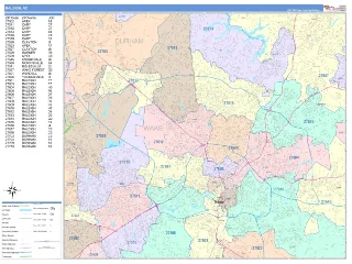 Raleigh, NC ColorCast style ZIP Code wall map