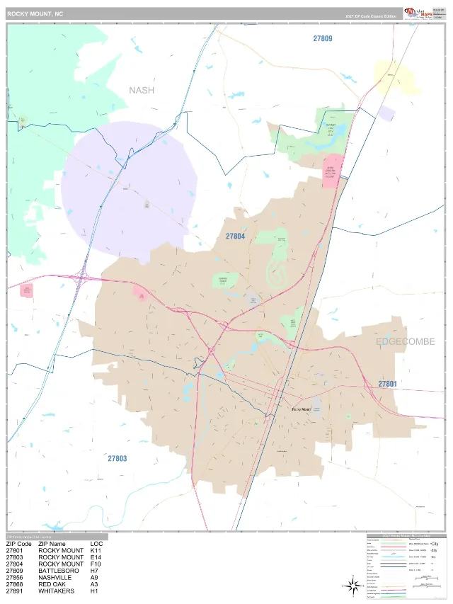 Rocky Mount, NC ZIP Code Wall Map, Classic style