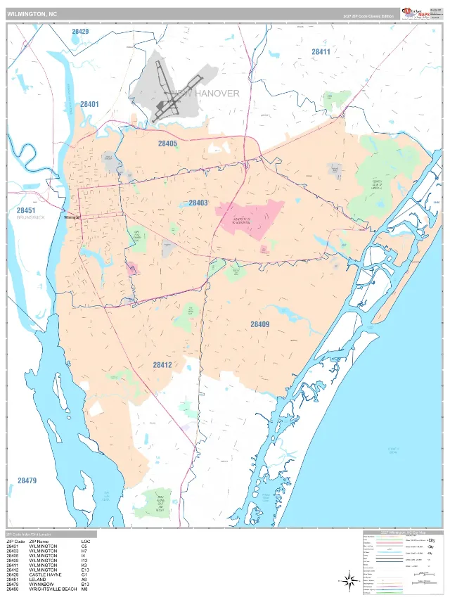 Wilmington, NC ZIP Code Wall Map, Classic style
