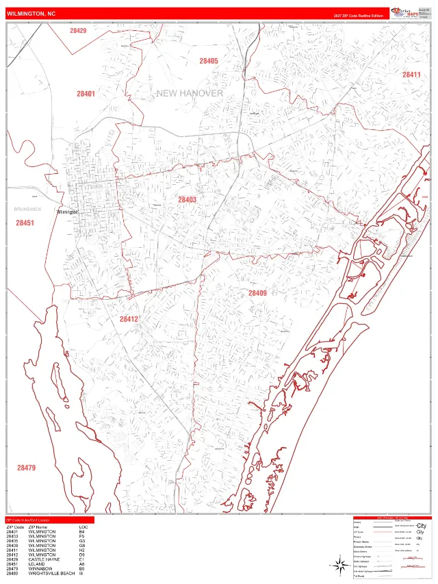 Wilmington, NC ZIP Code Wall Map, RedLine style
