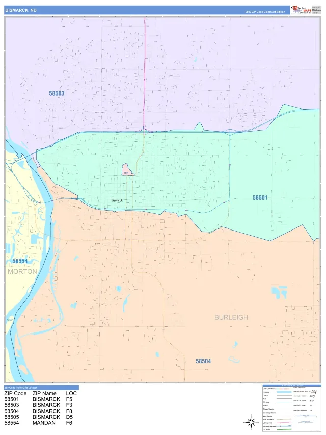 Bismarck, ND ZIP Code Wall Map, ColorCast style