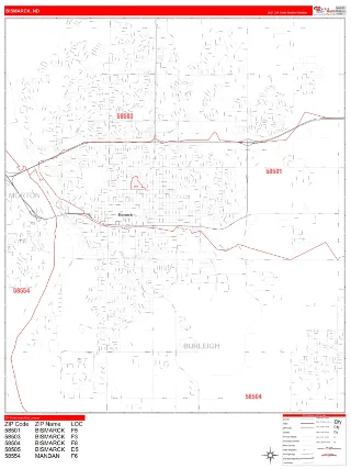Bismarck, ND RedLine style ZIP Code wall map