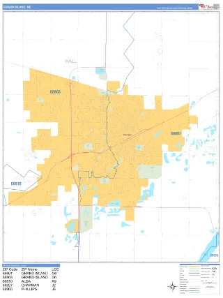 Grand Island, NE Business Reference style ZIP Code wall map