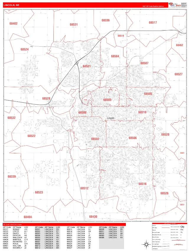 Lincoln, NE ZIP Code Wall Map, RedLine style