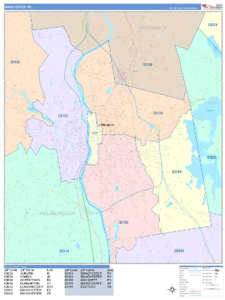 Manchester, NH ColorCast style ZIP Code wall map