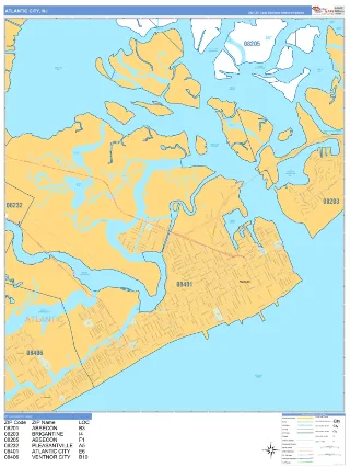 Atlantic City, NJ Business Reference style ZIP Code wall map