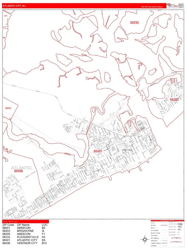Atlantic City, NJ ZIP Code Wall Map, RedLine style