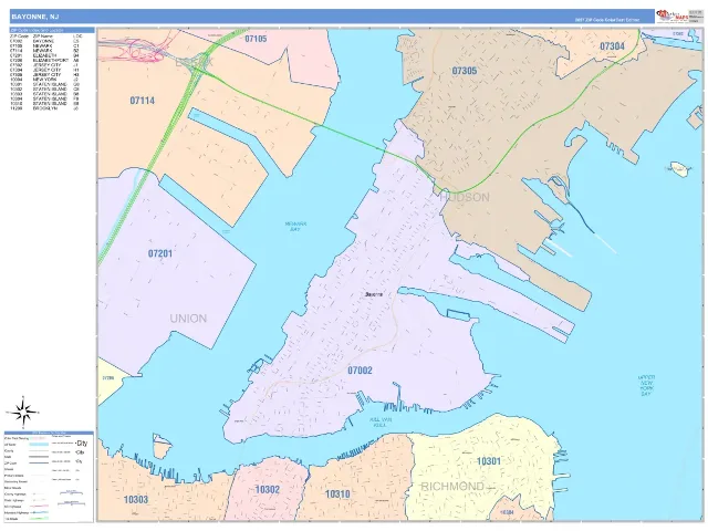 Bayonne, NJ ZIP Code Wall Map, ColorCast style