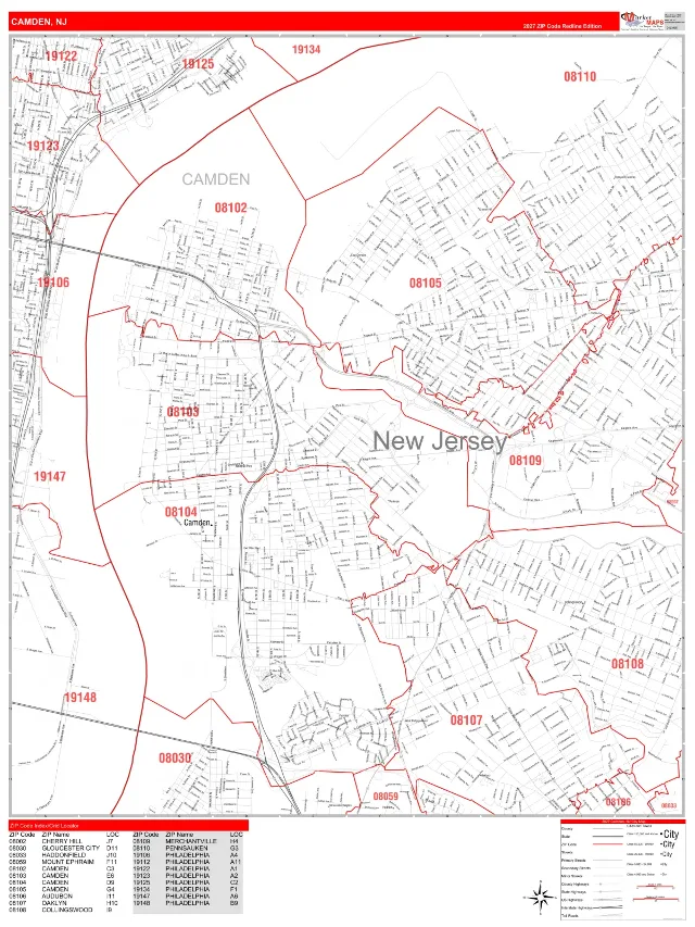 Camden, NJ ZIP Code Wall Map, RedLine style