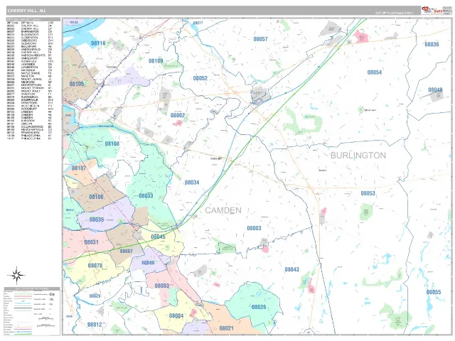 Cherry Hill, NJ ZIP Code Wall Map, Classic style