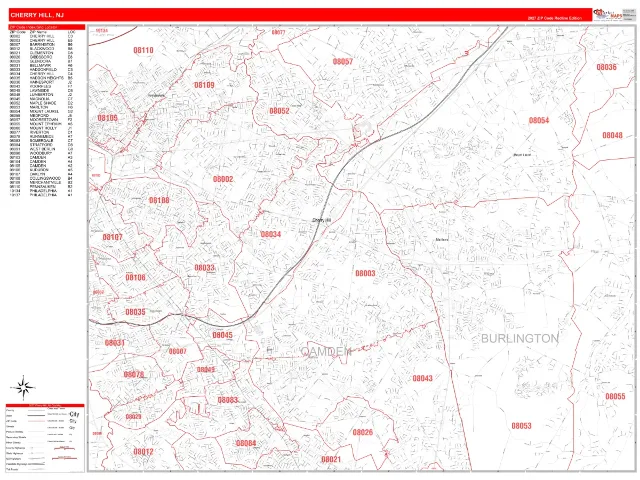 Cherry Hill, NJ ZIP Code Wall Map, RedLine style