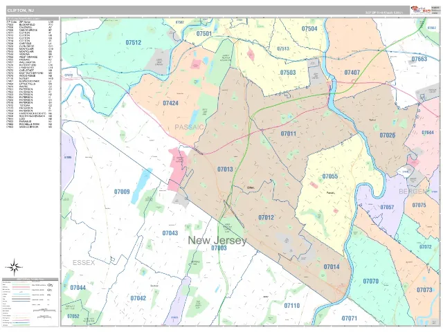 Clifton, NJ ZIP Code Wall Map, Classic style