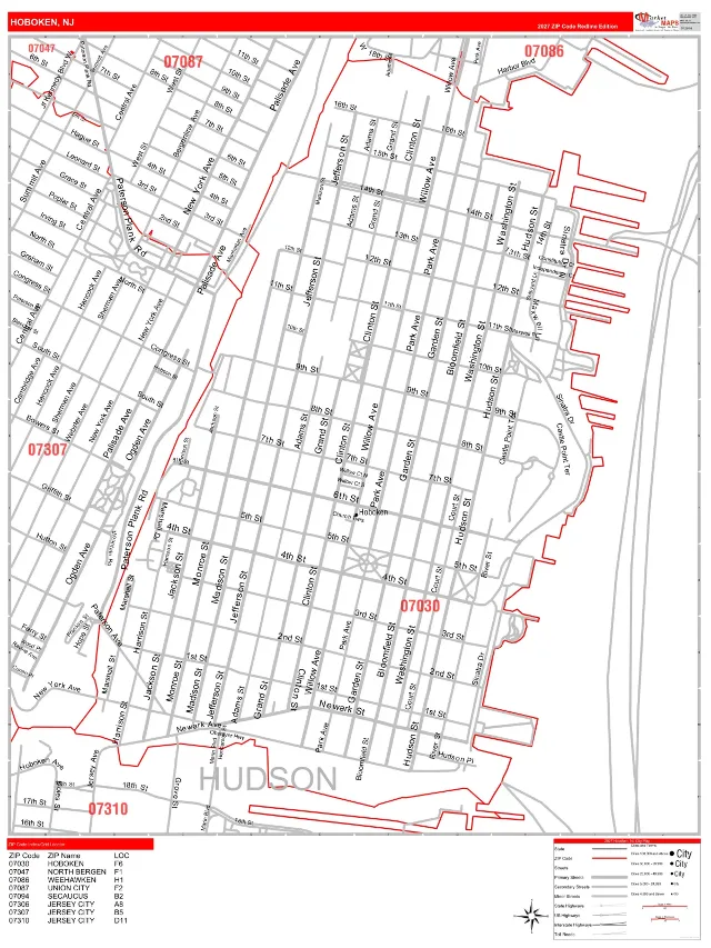 Hoboken, NJ ZIP Code Wall Map, RedLine style
