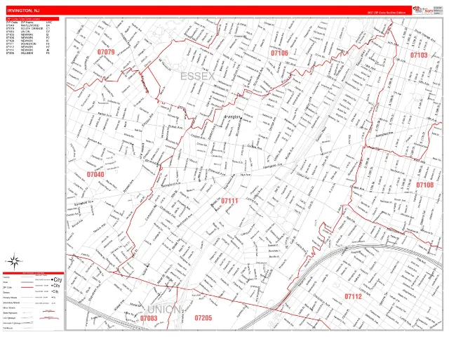 Irvington, NJ ZIP Code Wall Map, RedLine style