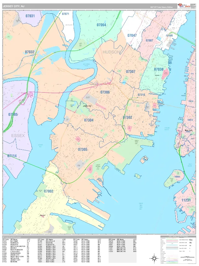 Jersey City, NJ ZIP Code Wall Map, Classic style