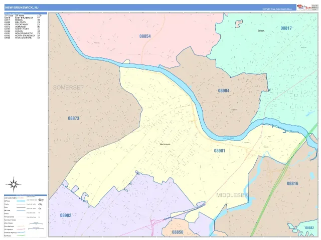 New Brunswick, NJ ZIP Code Wall Map, ColorCast style