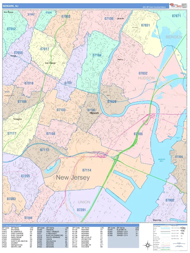 Newark, NJ ZIP Code Wall Map, ColorCast style