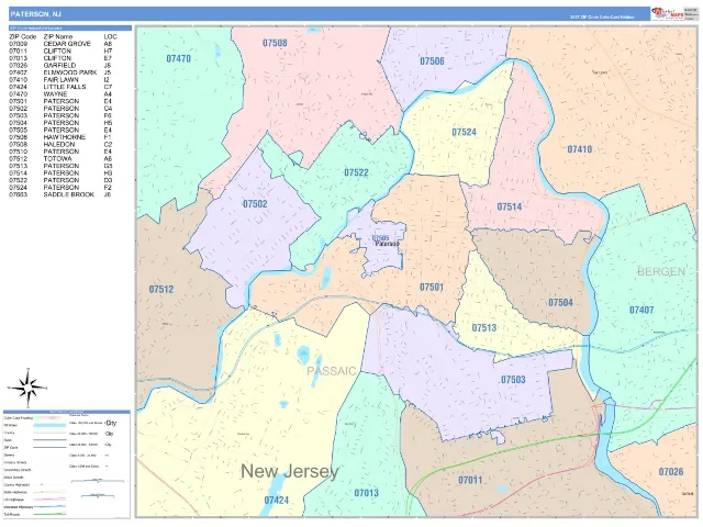 Paterson, NJ ZIP Code Wall Map, ColorCast style