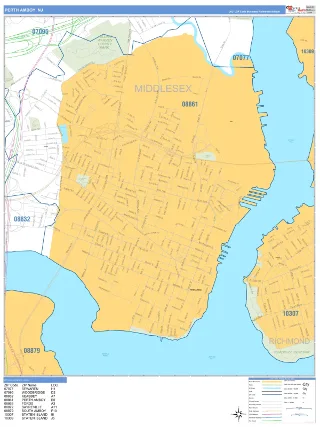 Perth Amboy, NJ Business Reference style ZIP Code wall map