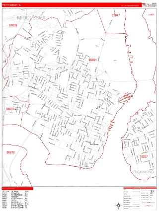 Perth Amboy, NJ RedLine style ZIP Code wall map