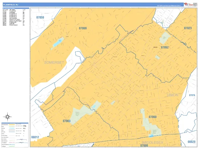 Plainfield, NJ ZIP Code Wall Map, Business Reference style