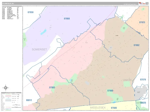 Plainfield, NJ ZIP Code Wall Map, Classic style