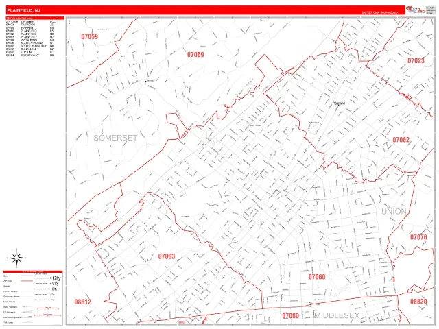 Plainfield, NJ ZIP Code Wall Map, RedLine style