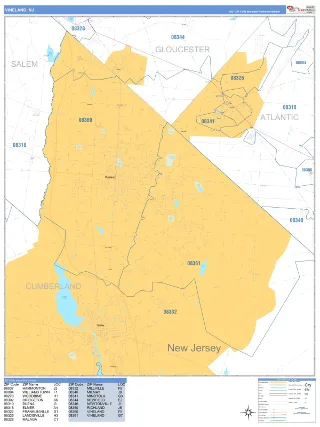 Vineland, NJ Business Reference style ZIP Code wall map