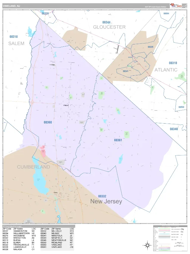 Vineland, NJ ZIP Code Wall Map, Classic style