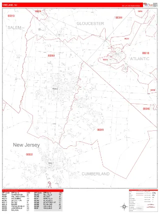 Vineland, NJ RedLine style ZIP Code wall map