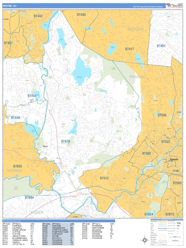 Wayne, NJ ZIP Code Wall Map, Business Reference style