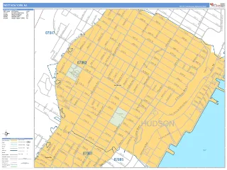 West New York, NJ Business Reference style ZIP Code wall map