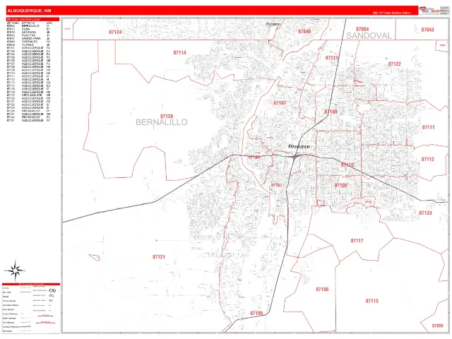 Albuquerque, NM ZIP Code Wall Map, RedLine style
