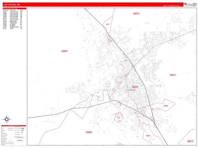 Las Cruces, NM ZIP Code Wall Map, RedLine style